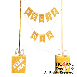 SET BANDERINES FELIZ DIA DECORACION MESA GLITTER ORO X 1